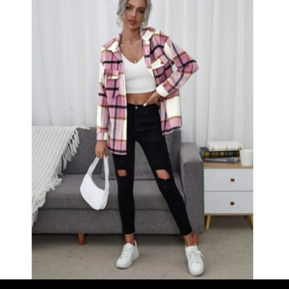 Pink Multicolor Plaid Button Front Coat - Picture 2 of 6